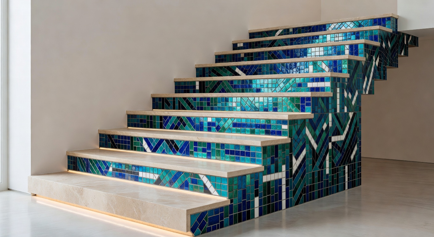 Dramatische Treppe mit bunten Mosaik-Auftritten und robusten Naturstein-Tritten, die einen starken Kontrast erzeugen
