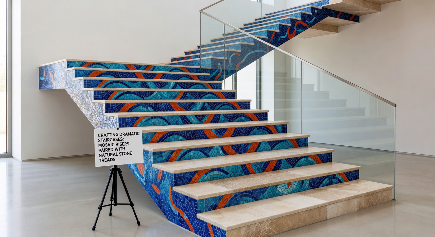 Nahaufnahme einer mosaikverzierten Auftrittfläche neben einem polierten Naturstein-Tritt, der Texturen und Farbunterschiede hervorhebt