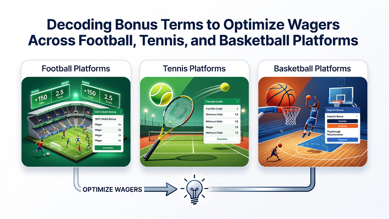 Darstellung von Wettplattformen mit Fokus auf Bonusangebote für Fußball, Tennis und Basketball