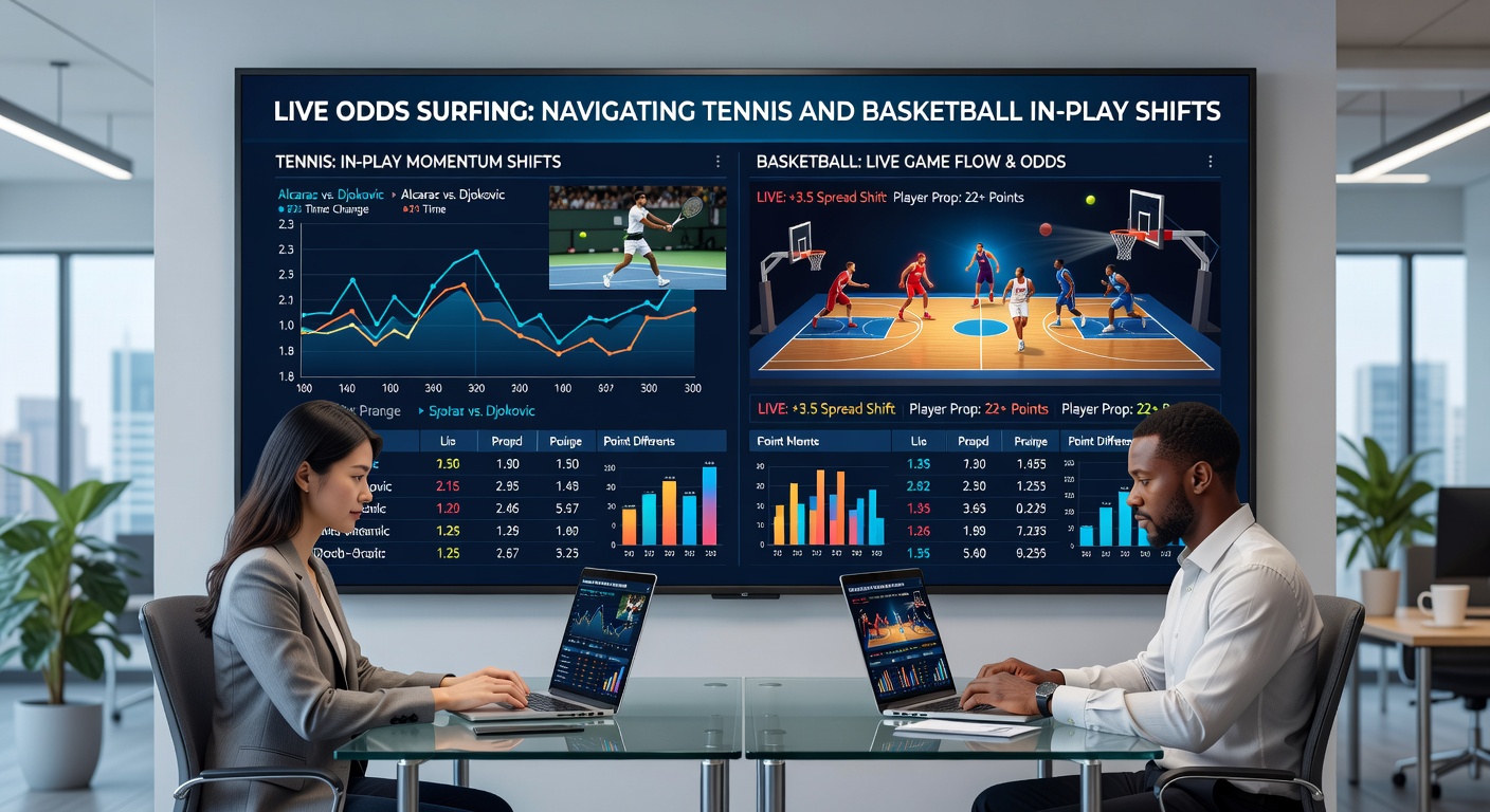 Live-Basketball-Match mit Quoten-Overlay, das einen Scoring-Run und daraus resultierende Odds-Änderungen darstellt