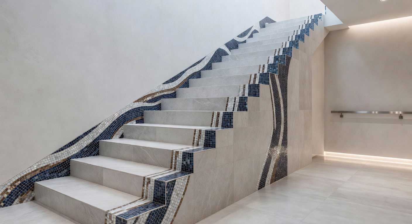 Nahtlose Treppenoberfläche mit integrierten Mosaikakzenten auf Porzellan und Stein, die Stufen ein einheitliches, elegantes Design verleihen