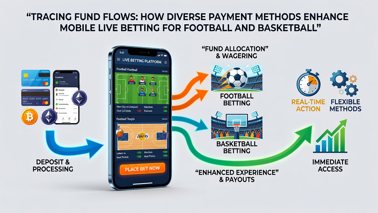 Mobile App-Oberfläche mit Zahlungsoptionen und Live-Wettfunktionen für Sportarten wie Fußball und Basketball